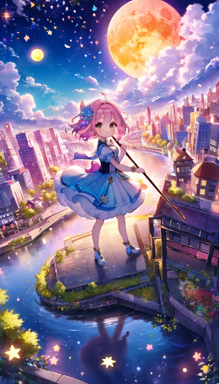 dream fantasy story, best quality, super fine, 16k, 2.5D, delicate and dynamic depiction, (chibi, cute  in dress holding cane standing on high ground), city in the sky above the clouds, clouds in vivid and pastel colors, city of modern buildings, beautiful blend with nature, river, bright starry sky, pink moon, sparkly and fluffy image effect, artwork with vibrant colorful colors, detailed decorated backgrounds