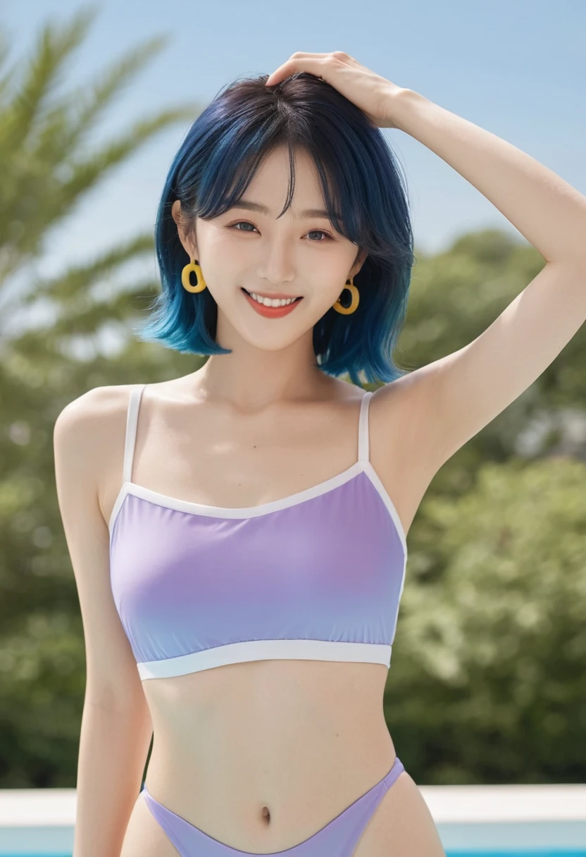 masterpiece, Highest quality, high resolution、beautiful、Ultra fine、Midday、sharp、Korean Idol、Black Hair、Smile、High-cut school swimsuit, Colorful Hair, Poolside in midsummer, Magazine Cover ,Upper Body,