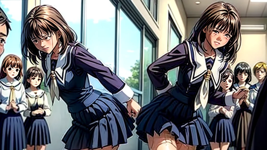 (((Under the skirt))), (12 years old), concept, Peeing, myself Peeing, Wet, Wet, having to Pee, having to Pee, having Pee stains, there is a Pee stain on a black pleated skirt, Ashina Ashida, One Girl, ((((Crying face)))), (Black Sailor Suit), Big pink hair ribbon, Pee, Pee漏らして, Wet, Wet self, Long bangs, Black Hair, Embarrassing, blush, Brown Loafers, (((I was standing in line at the church with many other freshmen at my junior high school entrance ceremony....))), (Navy blue sailor suit), White socks, Black Hair, (pull up the skirt with your hands), (Wearing a white cotton diaper),