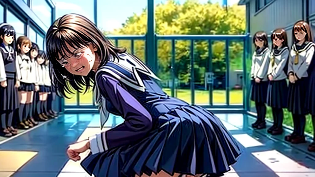 (((Under the skirt))), (), concept, Peeing, myself Peeing, Wet, Wet, having to Pee, having to Pee, having Pee stains, there is a Pee stain on a black pleated skirt, Ashina Ashida, One Girl, ((((Crying face)))), (Black Sailor Suit), Big pink hair ribbon, Pee, Pee漏らして, Wet, Wet self, Long bangs, Black Hair, Embarrassing, blush, Brown Loafers, (((I was standing in line at the church with many other freshmen at my junior high school entrance ceremony....))), (Navy blue sailor suit), White socks, Black Hair, (pull up the skirt with your hands), (Wearing a white cotton diaper),