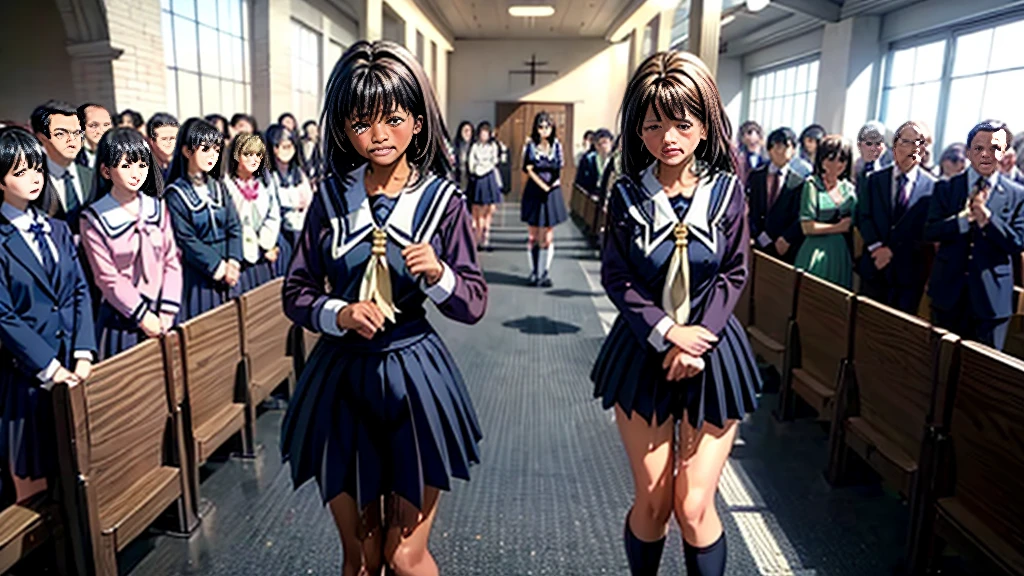 (((Under the skirt))), (), concept, Peeing, myself Peeing, Wet, Wet, having to Pee, having to Pee, having Pee stains, there is a Pee stain on a black pleated skirt, Ashina Ashida, One Girl, ((((Crying face)))), (Black Sailor Suit), Big pink hair ribbon, Pee, Pee漏らして, Wet, Wet self, Long bangs, Black Hair, Embarrassing, blush, Brown Loafers, (((I was standing in line at the church with many other freshmen at my junior high school entrance ceremony....))), (Navy blue sailor suit), White socks, Black Hair, (pull up the skirt with your hands), (Wearing a white cotton diaper),