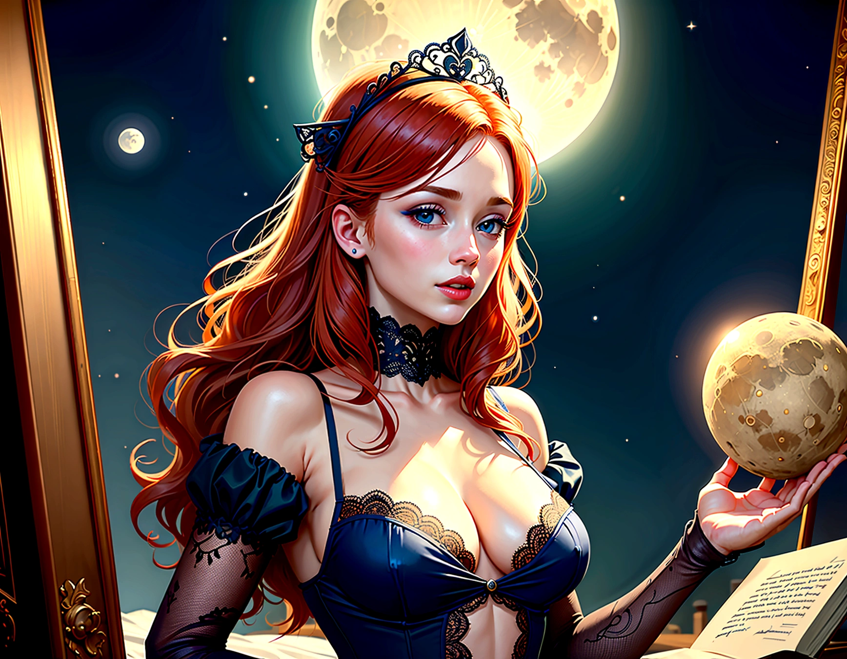 A redheaded woman sings, dressed only in veils, dancing on the moon as she dreams, painting of the moon's craters, many inappropriate objects, lots of intimate underwear, fishnet stockings, lace bolero, books, make-up accessories, surrealist painting, magic realism, bizarre art, subtitle at the bottom of the picture "Où est mon ami Pierrot?" in beautiful blue and gold letters.