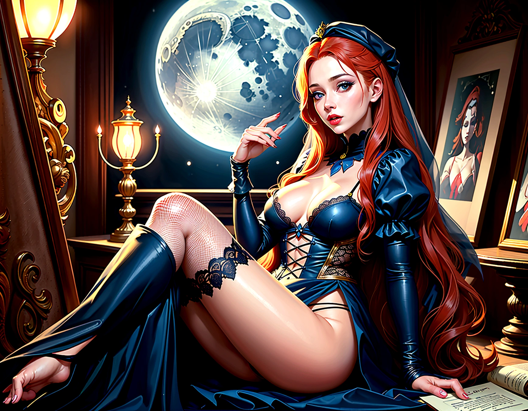 A redheaded woman sings, dressed only in veils, dancing on the moon as she dreams, painting of the moon's craters, many inappropriate objects, lots of intimate underwear, fishnet stockings, lace bolero, books, make-up accessories, surrealist painting, magic realism, bizarre art, subtitle at the bottom of the picture "Où est mon ami Pierrot?" in beautiful blue and gold letters.