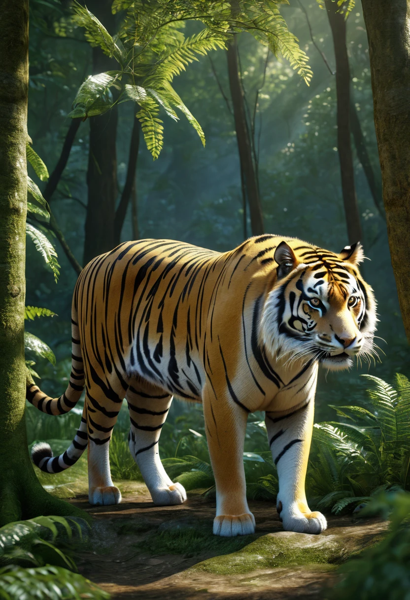 There is a wild beast in the forest,The body of a tiger,The tail of the cow(best quality,4K,8K,High level,masterpiece:1.2),Ultra Detailed,(lifelike,Photo real,Photo real:1.37),Highly detailed animals,Complex patterns,Realistic lighting,Fantasy Creatures
