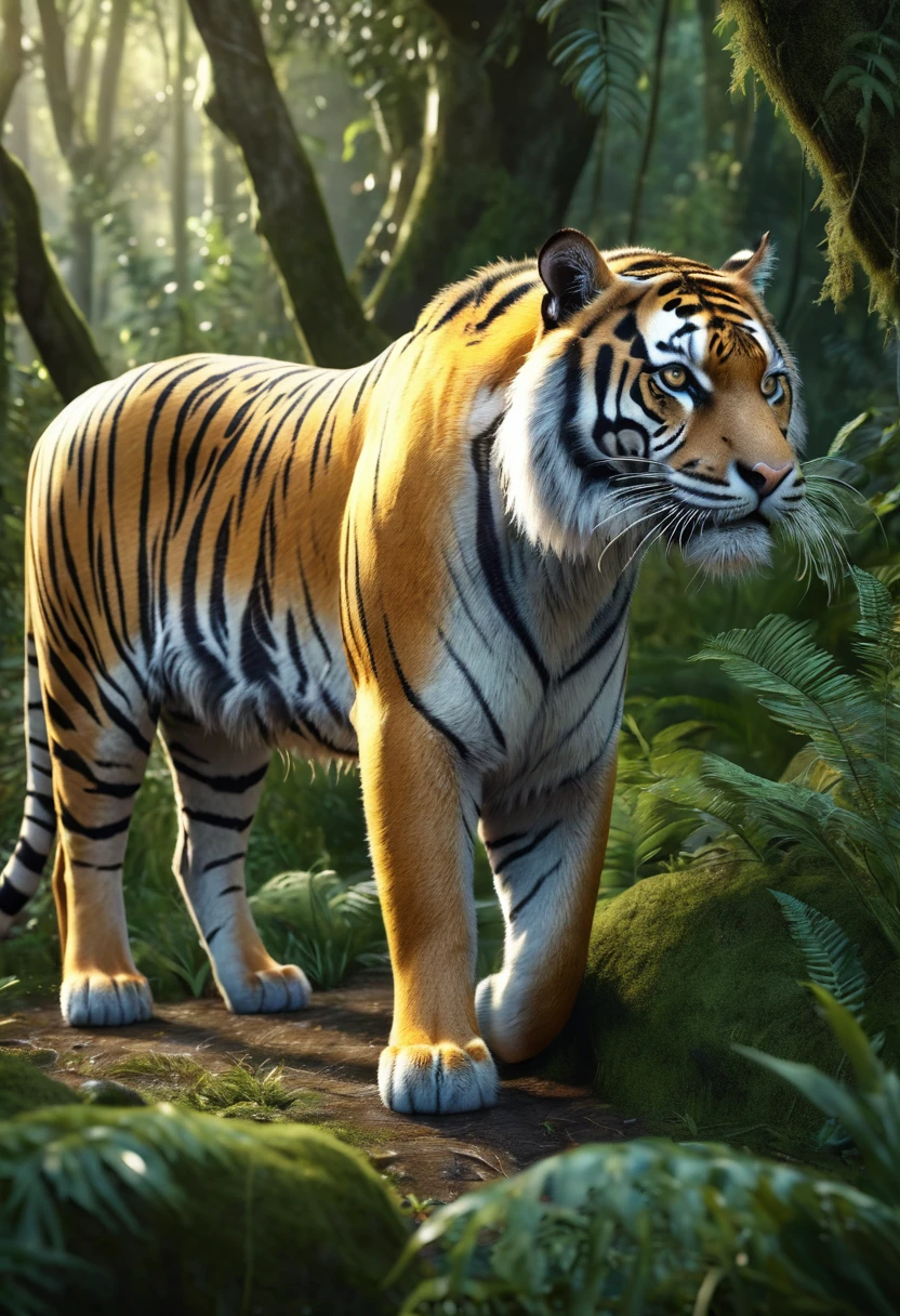 There is a wild beast in the forest,The body of a tiger,The tail of the cow(best quality,4K,8K,High level,masterpiece:1.2),Ultra Detailed,(lifelike,Photo real,Photo real:1.37),Highly detailed animals,Complex patterns,Realistic lighting,Fantasy Creatures