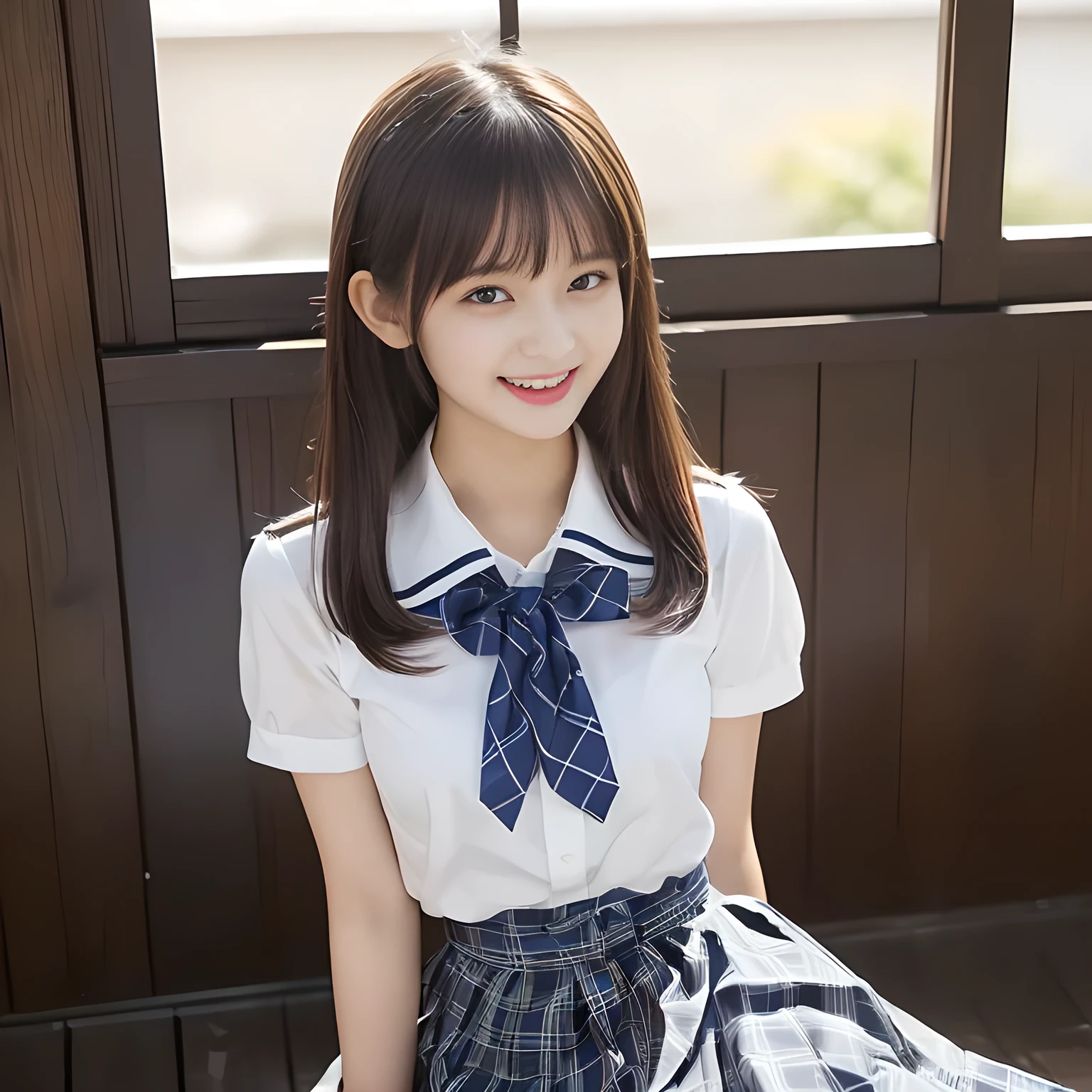(highest quality, masterpiece:1.2), highest quality, High resolution, 1080P, 8K, Height: 150cm, solo, ((A noble and intelligent girl like Japanese cute girly lady is hypnotizing and giggling, A very sweet, very noble, pretty and neat Japanese beautiful cute girl succubus. Realistic very girly sweet cute evil girl like a princess is seated in a pile of many cute school ribbons)), Uniform Factory, ((((14 years old, popular Japanese fashion model)))), ((((White face with plump cheeks)))), Glossy lips, (Evenly cut bangs), ((Very beautifully laughing brown drooping gooey cute neat noble eyes)), ((straight black very very long straight hair)), Very lustrous, glossy lips, Open hand over open mouth, Beautiful hair like a hair model, Watching the viewer and laughing, ((Incredibly well organized, The expression is rich. plump and beautiful skin and face)), ((Pure and clear sweetly smiling eyes)), ((smiling at me)), Glossy Lips, ((noble and neat)), ((Like a succubus is fascinating with magic and giggling)), ((((A succubus is fascinating and calling to the deeper place forever)))), ((highly up-curved lips)), ((looking at the viewer directly)), white hands, ((Navy girls high school sailor uniform, Navy uniform sailor collar, Navy uniform checkered pleated skirt, Navy school shirt, Blue string ribbon tie)), Ribbons lined up on the wall, (((Her very white, smooth, beautiful long legs and long checked skirt are highlighted)))