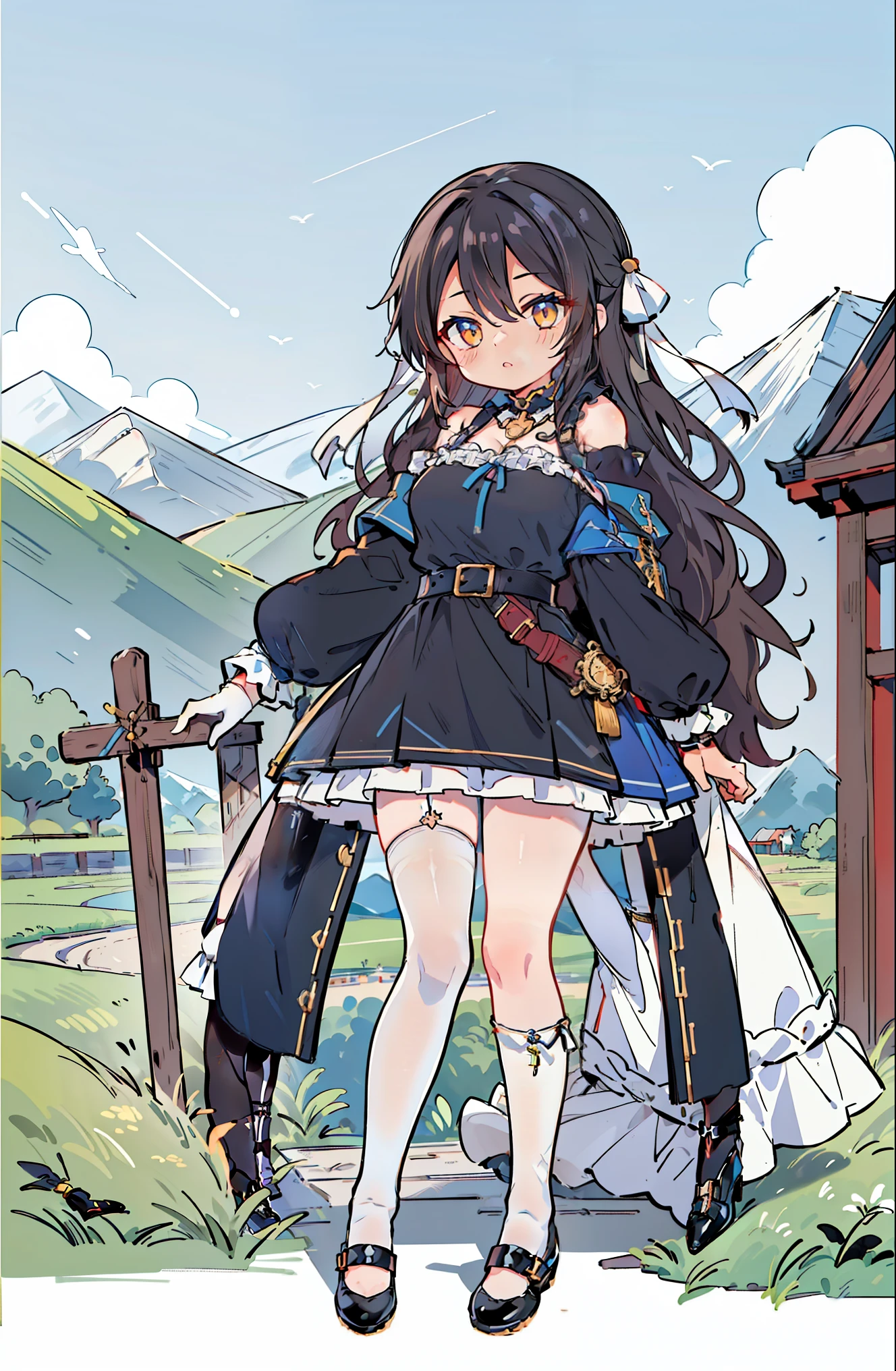 (masterpiece:1.2), (high quality:1.2), hui xiyi, rekkyo sensen, rekkyou sensen, (full body, chibi girls:1.45), solo focus, girls with((black hair, tits cleavage, exposed breasts, breasts close up, dress, (blue clothes:1.3), ribbon belt, off-shoulder sleeves, long sleeves, furry jacket, frills shirt, frills camisole, straps, (rosary choker, golden rosary, cross:1.05), (strap shoes, black shoes, exposed legs, left legwear, white legwear:1.67), (long wavy hair, one side up:1.4))), background with ((architecture, blue sky, building, bush, castle, village, no humans, cloud, cloudy sky, day, fence, field, garden, grass, hill, house, lamppost, landscape, mountain, mountainous horizon, nature, no humans, outdoors, scenery, shrine, sky, tower)), cowboy shot, anime, anime style