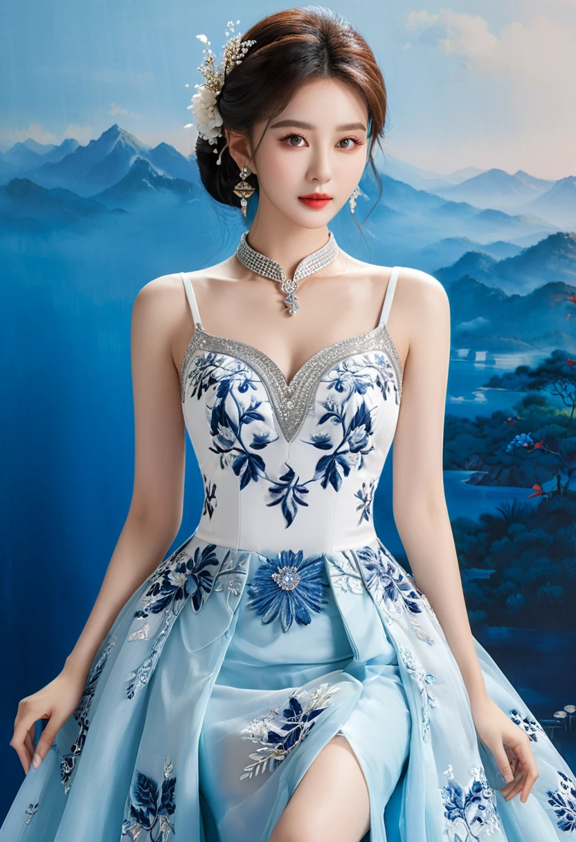 Realistic photo style, whole body 사진에 아름다운 아시아 소녀가 등장합니다., Wearing a unique ethnic style evening gown with delicate skin., bright and lively eyes, Thick eyelashes that look especially attractive. Long dresses are slim and elegant., Eye-catching silver jewelry and alcohol. The high-collar design adds an elegant atmosphere., Color of blue and white porcelain. using light and shadow, The vivid and harmonious appearance of the protagonist is highlighted... whole body, (masterpiece, best quality, professional, perfect composition, very aesthetic, absurd, very detailed, intricate details:1.3)