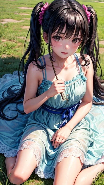 (Highest quality,masterpiece:1.3,Ultra-high resolution),(Very detailedな、Caustics) (Realistic:1.4, RAW shooting、)Ultra-Realistic Capture、Very detailed、Natural skin texture、masterpiece、(Summer Dresses:1.3)、1 Japanese girl、Adorable expression、Expressions of happiness、、Young Face、Surprisingly cute、Twin tails、Curly Hair、Black Hair、Scrunchie、light makeup、The Great Depression is about to burst、Middle school students'Favorite pose、Photo taken in a private garden、Shining thighs、Summer sunshine、smile、An inviting gaze、