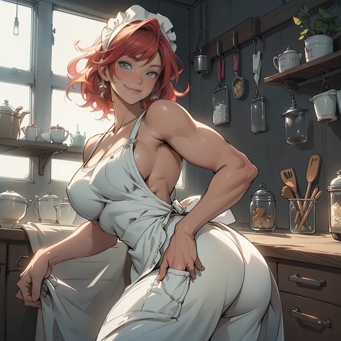 beautiful detail, highly detailed CG, detailed textures, realistic representation of faces, realistic, colorful, delicate , cinematic lights, side lights, lens flares, ray tracing, sharp focus, ((best quality, masterpiece, absurd, 8k)), (((Solo))), 1 mature maid, (((naked breasts))), ((shaved camletoe)), (Sit on the cupboard), ((((Hand takeing off apron)))), (thick body), (transparent white apron), (transparent an tight white pants), (((brown skin))), trending on artstationh, Intricate details, Highly detailed,, intricate face details, Curvy physique, (Thick body), at the kitchen, vibrant, 4K, Intricate details, big breasts enchanting, gorgeous body, Professional manufacturing, 12k resolution, (Seductive smile), red hair, Lime eyes.,a boy with his cum, sex,nude,pussy,big , big ass,