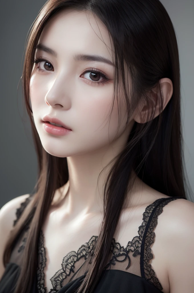 detailed, (realistic, photo realistic:1.37), portrait, high detail RAW color photo, an extremely delicate and beautiful, extremely detailed, extremely detailed skin, Chinese,fair skin, realistic face, Pale skin,Fleeting,Black hair, super long hair, dark brown lipstick, See-through dress, dark atmosphere,ghostly face,The pupil is skewed upwards