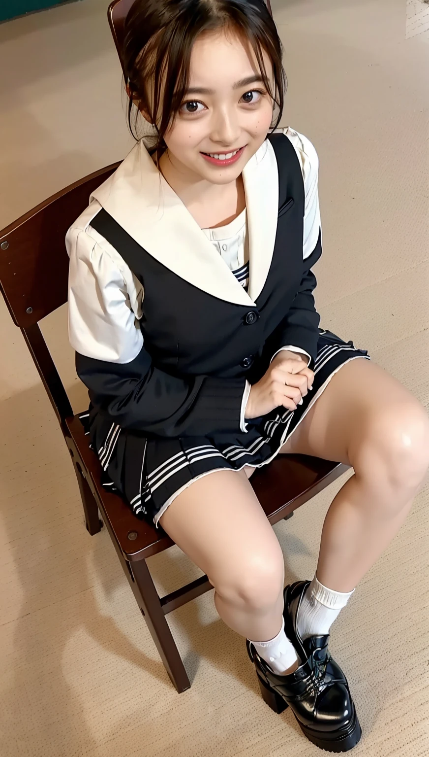 ((highest quality、8k、masterpiece:1.3)),((((fullbody shot)))),Ultra-high resolution,big eyes,Japanese,bangs,(a girl),(1 girl),((20 years old)),((facing at viewer)),((looking at viewer)),(long hair),(((black sailor uniform))),grin,((sitting on chair)),(pleated mini skirt),(((pussy))),((pubic hair)),((skirt lift)),((short crew socks)),(((platform shoes))),((from above))