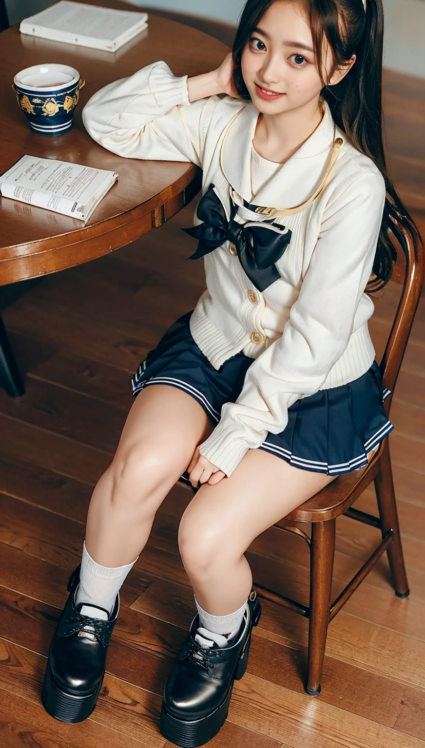 ((highest quality、8k、masterpiece:1.3)),((((fullbody shot)))),Ultra-high resolution,big eyes,Japanese,bangs,(a girl),(1 girl),((20 years old)),((facing at viewer)),((looking at viewer)),(long hair),(((black sailor uniform))),grin,((sitting on chair)),(pleated mini skirt),(((pussy))),((pubic hair)),((skirt lift)),((short crew socks)),(((platform shoes))),((from above))