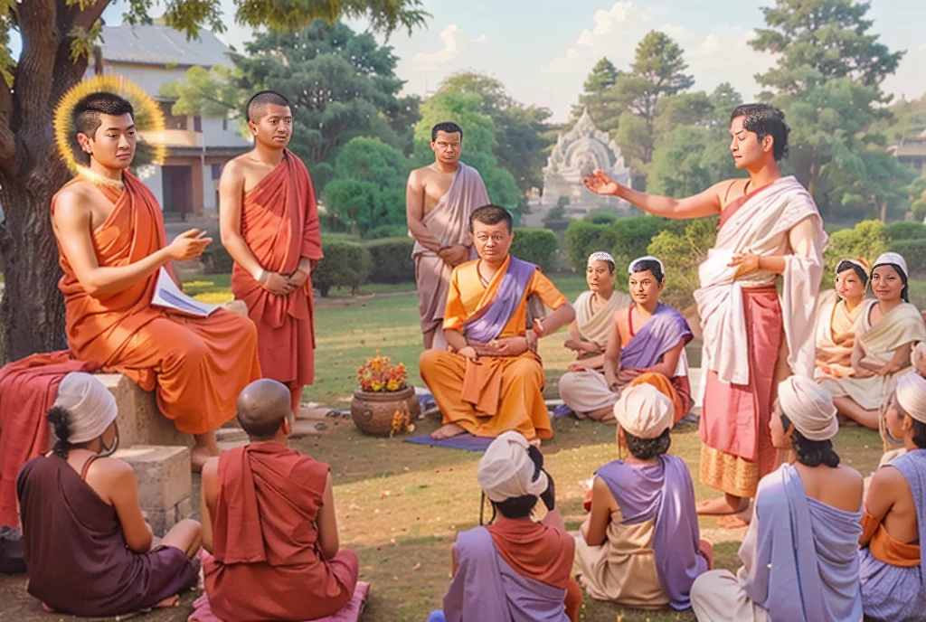 Shakyamuni gautam buddha sitting under a tree and teaching to his followers