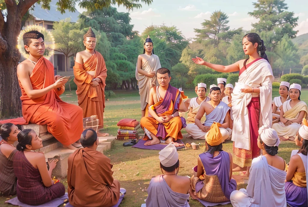 Shakyamuni gautam buddha sitting under a tree and teaching to his followers 