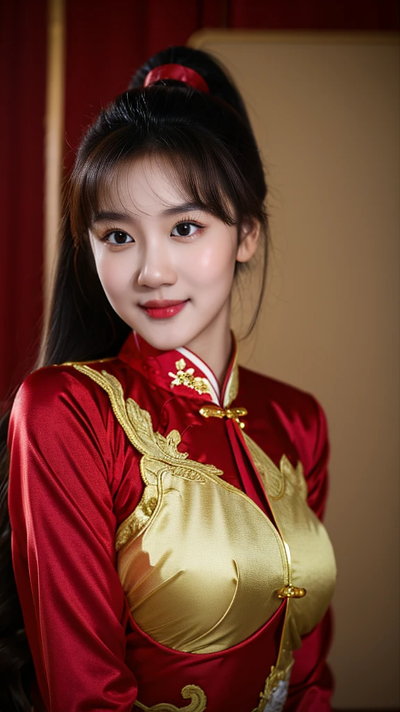 (8K, highest quality, masterpiece: 1.3), (realistic, photorealistic: 1.4), ultra high definition, (ao dai), (red clothes), (japanese female), (high-definition cute face), (large breasts), brown hair, ponytail hair, professional lighting, (closed mouth: 1.2), blush, smile