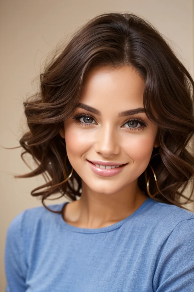 beautiful young woman, average quality Twenty-seven--old woman. Short stature and thin body, with curves in the right places. wide, color chocolate, curly. heart shaped face, pretty little nose, big hazel eyes, and long, bushy eyelashes. big smile. has diastema, but that only increases the attractiveness of his kissable lips.