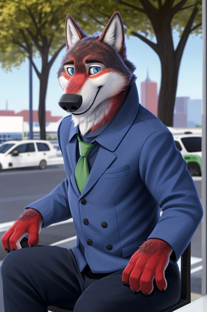 Ivan Wolfbach,State Duma deputy,height,Beautiful,slim,24 years,wolf, red fur,высокий Beautiful wolf, 24 years,(red body:1,3),beautiful blue eyes,Domodedovo, Russia, Аэропорт Domodedovo,gray shirt, green tie, black pants,Dog, wolf, detailed fur, a male, antro, paw pads, finger claws, per viewer, 5 fingers, paws, 5 fingers, day, digital photography, soft focus, Good mood,is sitting, State Duma, works as a deputy, aviation sector,Photorealism, realistically, Photorealism, digital style, from close walks around the city, Very close to the camera, digital photography, positive smile, Good, mood, green tie,in the deputy's office,
masterpiece, Best quality, ультра realistically, 8 k)