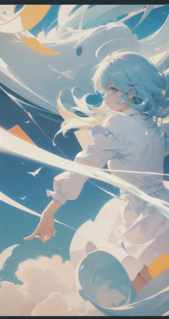 masterpiece, best quality, movie still, 1girl, floating in the sky, cloud girl, cloud, (close-up:1.1), bright, happy, fun, soft lighting, (Bauhaus, shapes, lines, abstract:1.1)