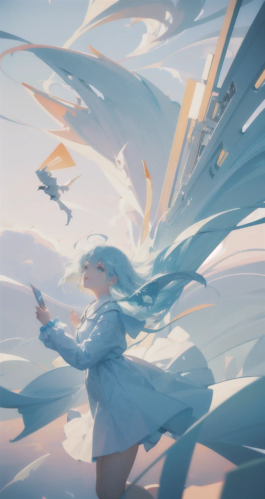 masterpiece, best quality, movie still, 1girl, floating in the sky, cloud girl, cloud, (close-up:1.1), bright, happy, fun, soft lighting, (Bauhaus, shapes, lines, abstract:1.1)