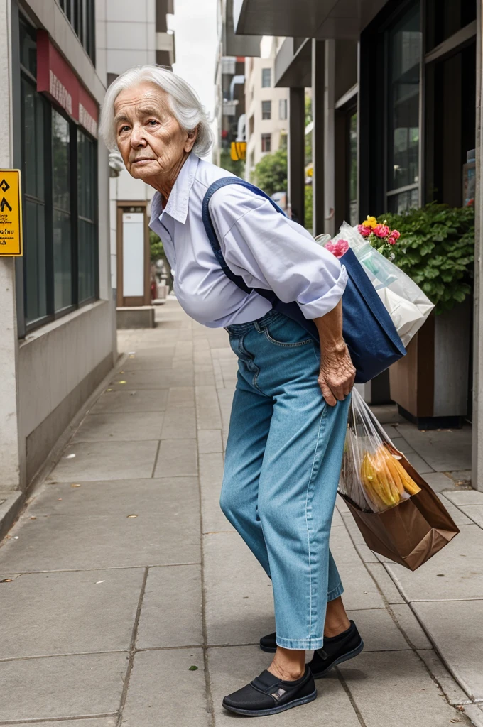 An elderly woman in her 70s struggling to carry multiple grocery bags on a sidewalk, looking visibly strained