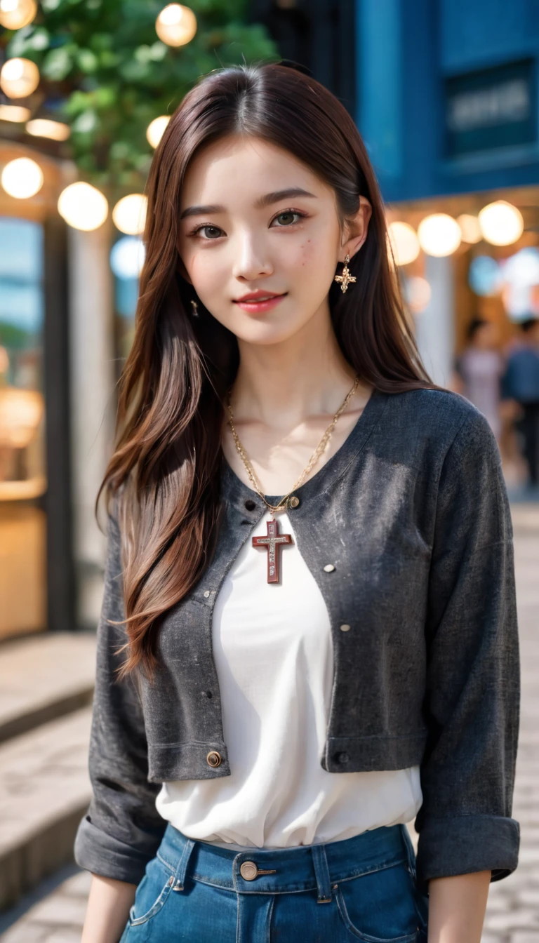 a beautiful young russian girl in her 20s, with freckles and a grin, standing on a sidewalk holding a book, dressed in casual clothing with a cross necklace, long luxurious black hair, inspired by jeonseok lee, kim jung gi, hyung tae, cai xukun, zhang han, ulzzang, masterpiece, best quality, ultra-detailed, 4k, 8k, HDR, highres, absurdres, Kodak portra 400, blurry background, bokeh, lens flare, vibrant colors, professional photograph, beautiful face, large breasts, narrow waist