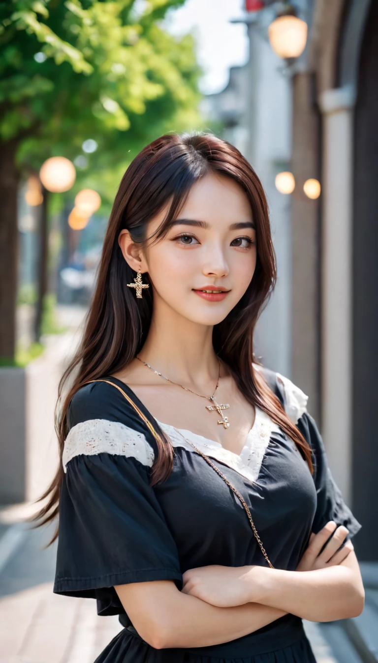 a beautiful young russian girl in her 20s, with freckles and a grin, standing on a sidewalk holding a book, dressed in casual clothing with a cross necklace, long luxurious black hair, inspired by jeonseok lee, kim jung gi, hyung tae, cai xukun, zhang han, ulzzang, masterpiece, best quality, ultra-detailed, 4k, 8k, HDR, highres, absurdres, Kodak portra 400, blurry background, bokeh, lens flare, vibrant colors, professional photograph, beautiful face, large breasts, narrow waist