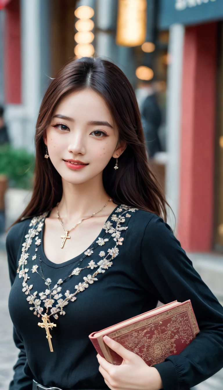 a beautiful young russian girl in her 20s, with freckles and a grin, standing on a sidewalk holding a book, dressed in casual clothing with a cross necklace, long luxurious black hair, inspired by jeonseok lee, kim jung gi, hyung tae, cai xukun, zhang han, ulzzang, masterpiece, best quality, ultra-detailed, 4k, 8k, HDR, highres, absurdres, Kodak portra 400, blurry background, bokeh, lens flare, vibrant colors, professional photograph, beautiful face, large breasts, narrow waist