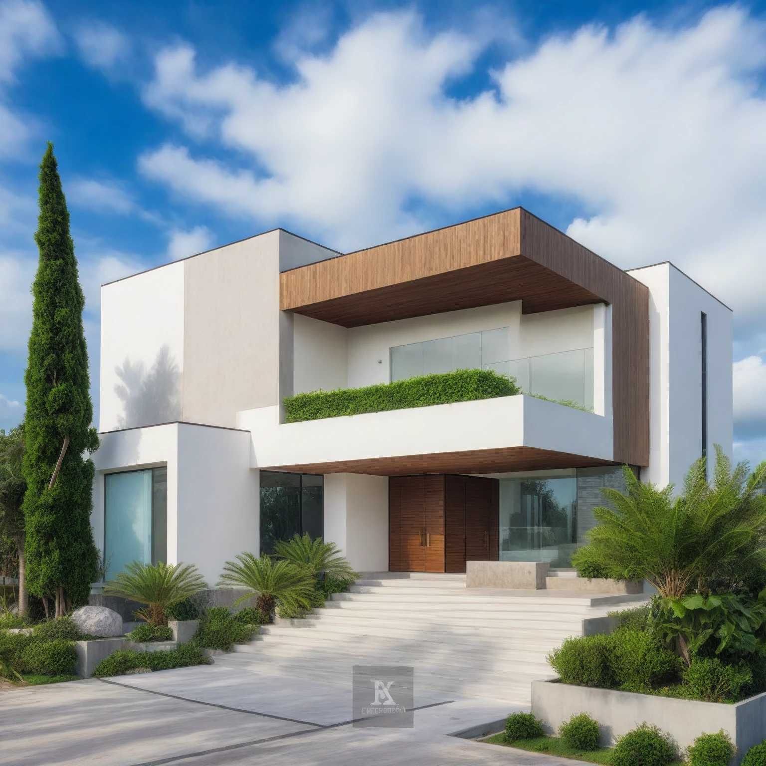 exterior house, contemporary style, white wall, wood wall, steel door, glass window, (realistic:1.2), Masterpiece, high quality, best quality, authentic, super detail, outdoors,road, trees, sky, cloud, (daylight:1.1), modern luxury villa, coconut trees, landscape, along the white beach, clear sky, day time, warm lighting RAW Photo, RAW texture, Super Realistic, 32K UHD, DSLR, soft lighting, high quality, film rating, Fujifilm XT3,Modern, Residential Architecture, car in front of house