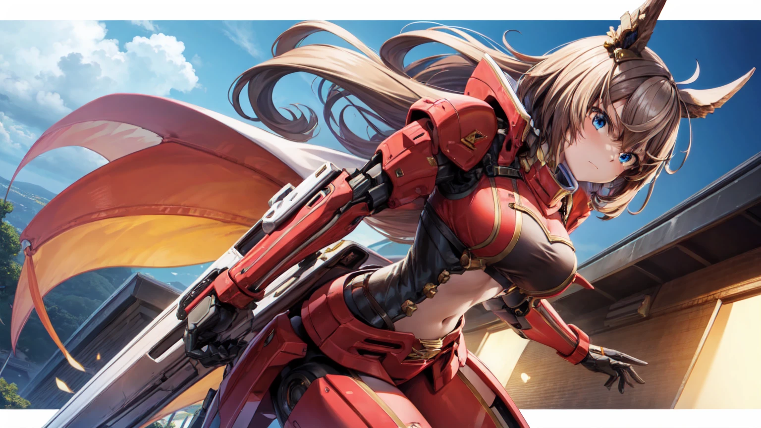 1girl, Tokai Teio, big breast, mecha musume, mechanical wing, serious face,