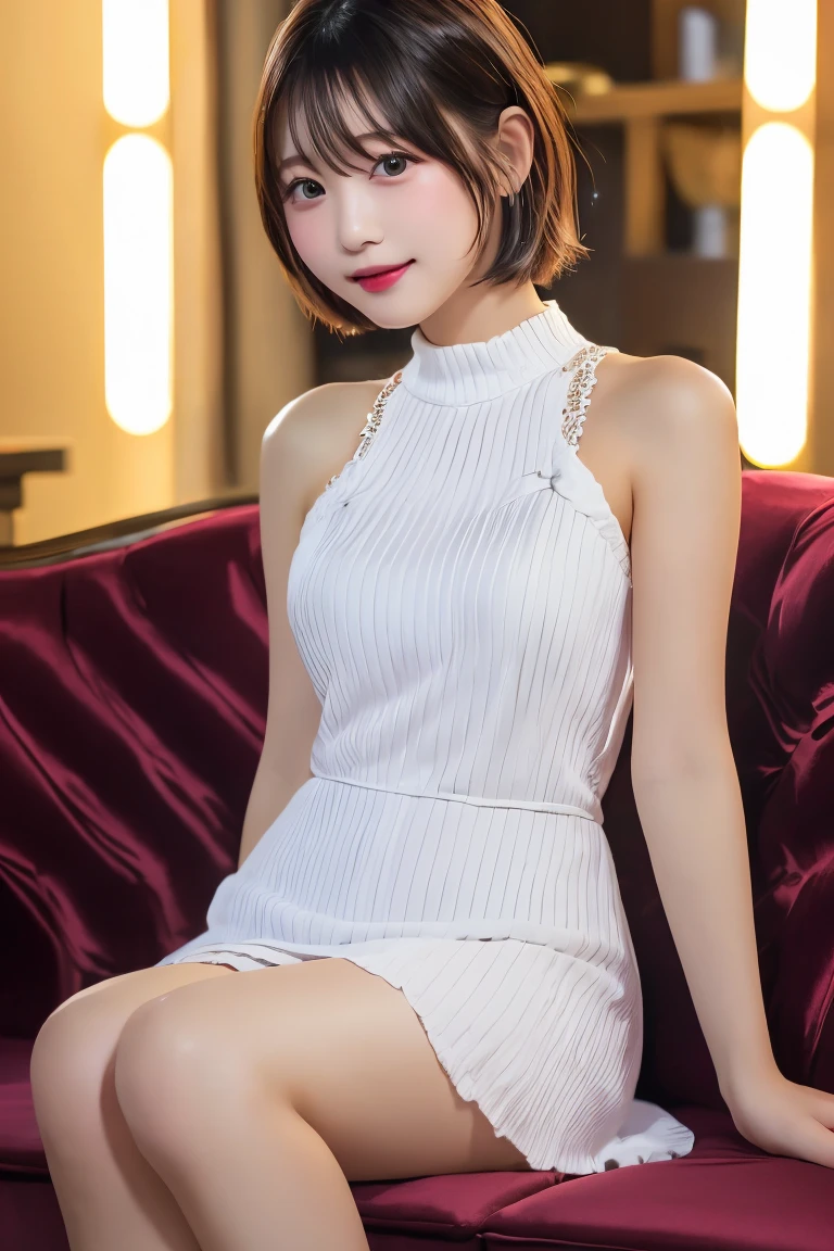 Highest quality, (beautiful)、Cabaret Club、dress、Sit on the sofa、Semi-short hair