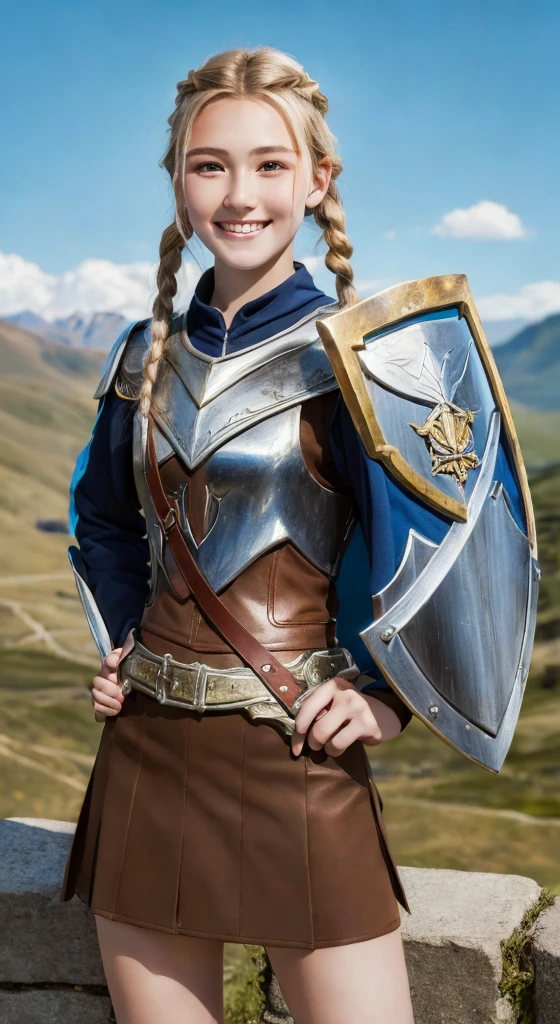 ((Highest quality, 8K, masterpiece:1.3)),young,woman,Realistic Style,Sexy Style,Brown skirt reveals legs,sword,shield,Blonde,One braid,10-,Kind expression,Rocky Mountain,blue sky,adventure,heroic,cute,Valkyrie,Smile