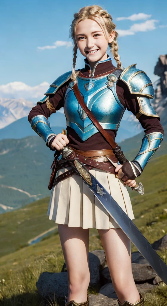 ((Highest quality, 8K, masterpiece:1.3)),young,woman,Realistic Style,Sexy Style,Brown skirt reveals legs,sword,shield,Blonde,One braid,,Kind expression,Rocky Mountain,blue sky,adventure,heroic,cute,Valkyrie,Smile