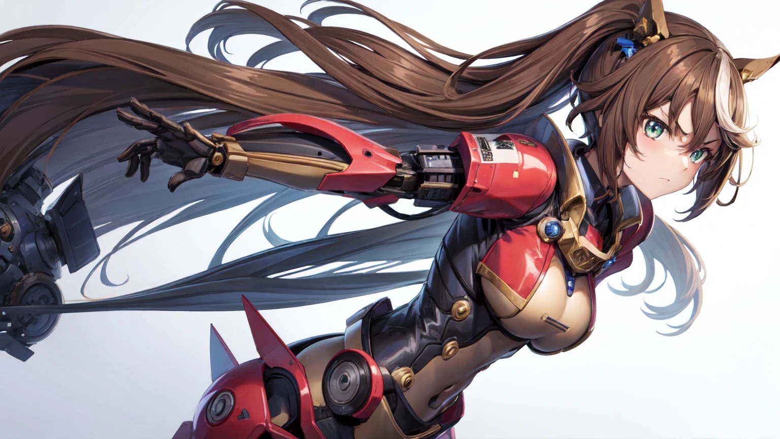 1girl, Tokai Teio, big breast, mecha musume, mechanical wing, serious face,