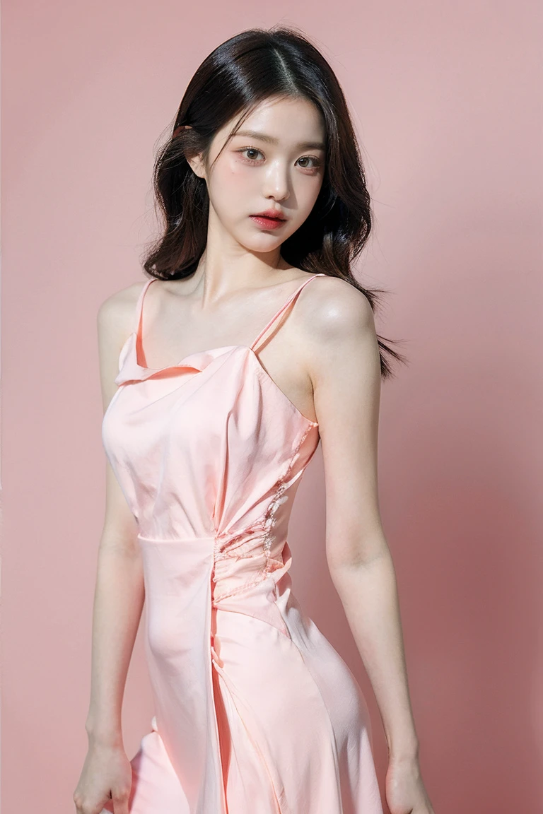 21yo girl, pink background, beautiful dress