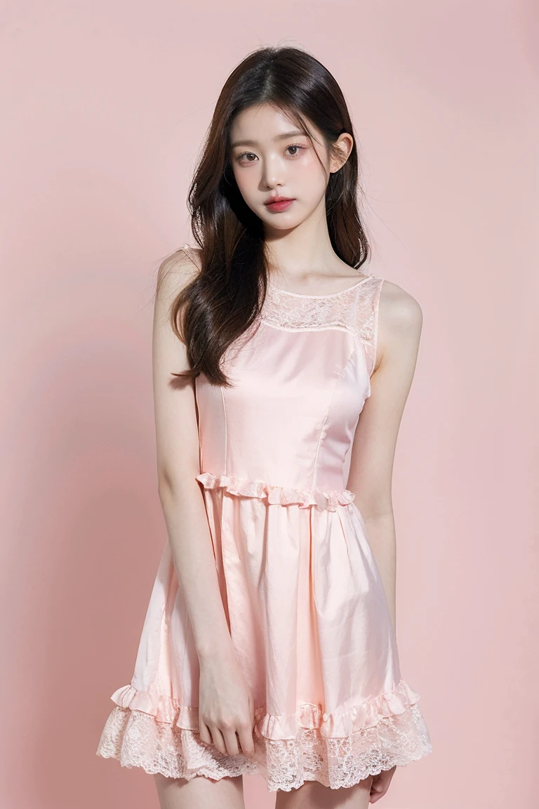 21yo girl, pink background, beautiful dress