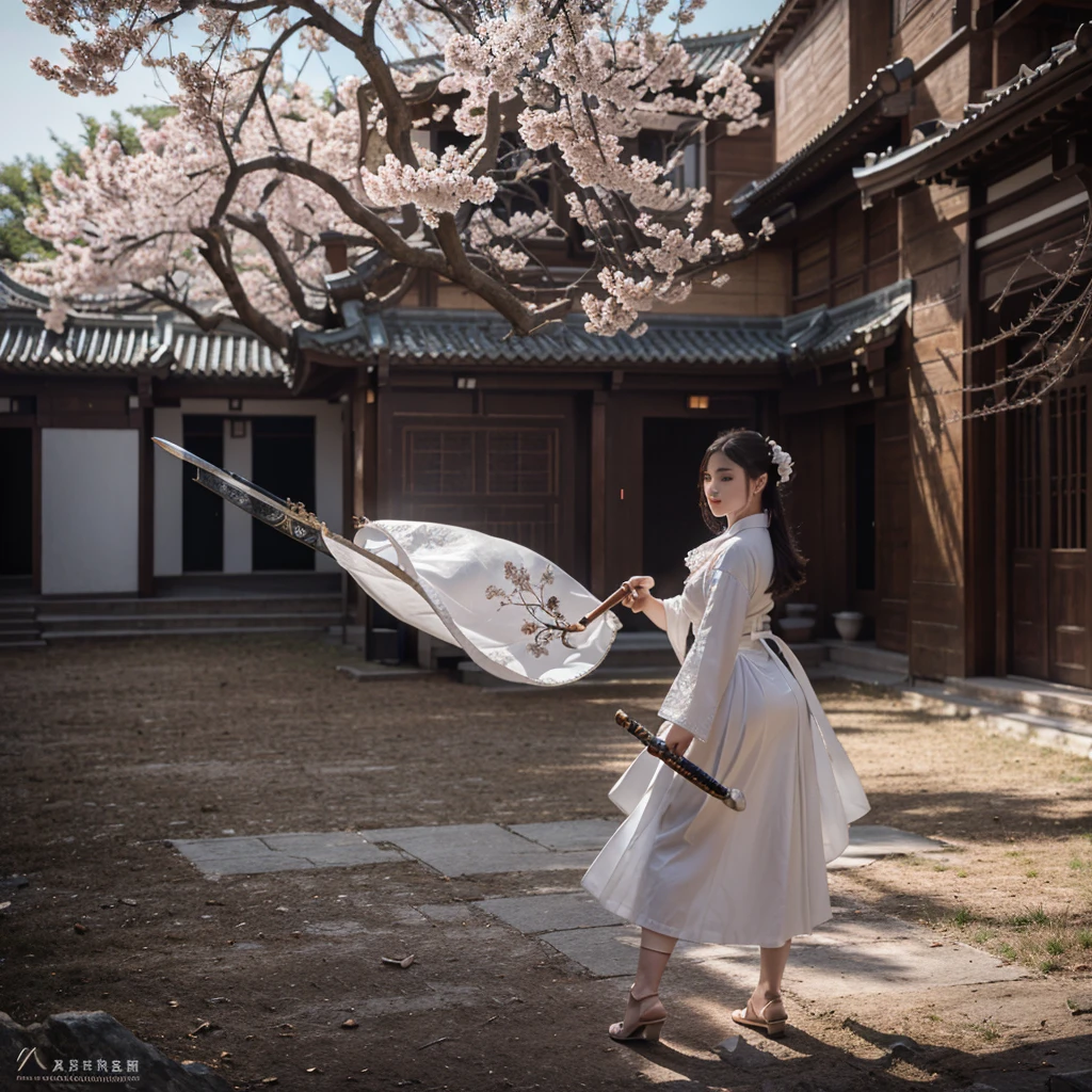 Best quality, masterpiece, ultra high res, raw photo, beautiful and aesthetic,deep shadow, dark theme,(photorealistic:1.4),
White kitten, Hanfu, Chinese calligraphy, chinese clothes, holding weapon, holding sword, sakura,
Graceful poise, evocative atmosphere, magnetic presence, refined seduction, captivating mystique,
Intricate zentangle patterns, a single female figure, astonishing level of detail, generously endowed, striking perspective, a chaotic masterpiece, gracefully poised, vibrant color palette, ((outdoors)), inspired by rococo architecture