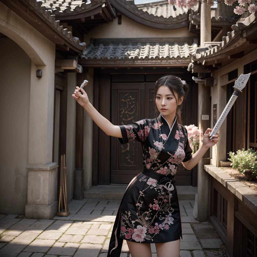 Best quality, masterpiece, ultra high res, raw photo, beautiful and aesthetic,deep shadow, dark theme,(photorealistic:1.4),
White kitten, Hanfu, Chinese calligraphy, chinese clothes, holding weapon, holding sword, sakura,
Graceful poise, evocative atmosphere, magnetic presence, refined seduction, captivating mystique,
Intricate zentangle patterns, a single female figure, astonishing level of detail, generously endowed, striking perspective, a chaotic masterpiece, gracefully poised, vibrant color palette, ((outdoors)), inspired by rococo architecture