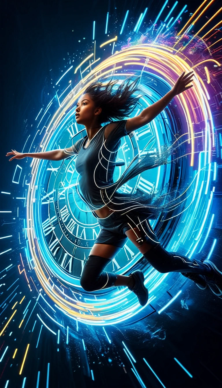 A futuristic, digitally-rendered artwork featuring a figure leaping through a vortex of clock faces and neon light trails. The image represents the concept of time travel and the potential for future advancements.
