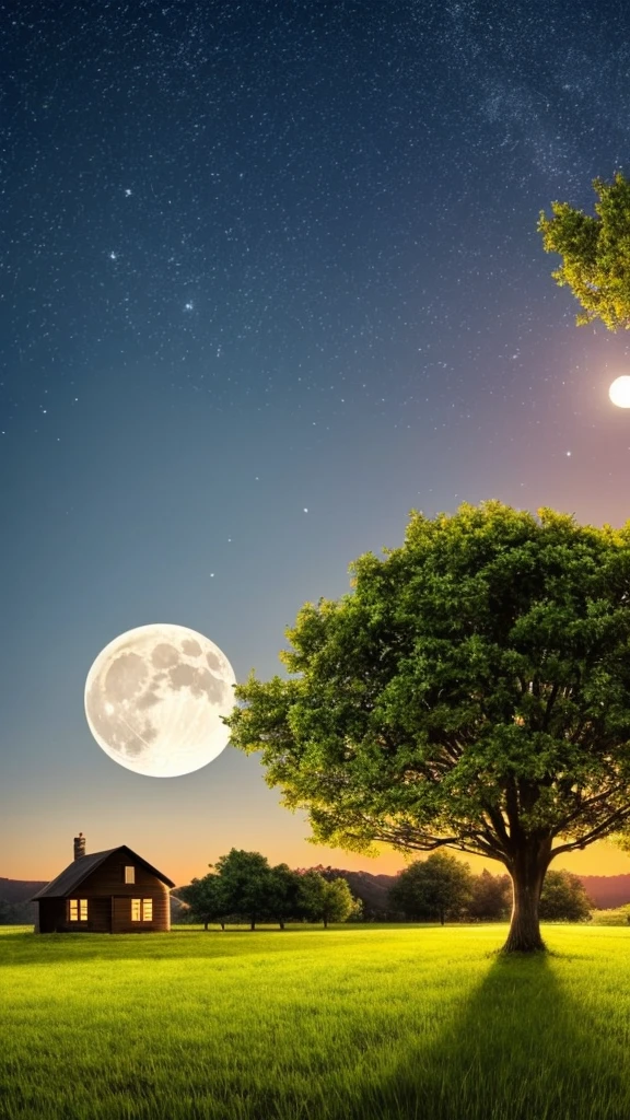 a wallpaper, a view of the night sky, with a large full moon, on a grass plain, near a cottage with an apple tree next to it