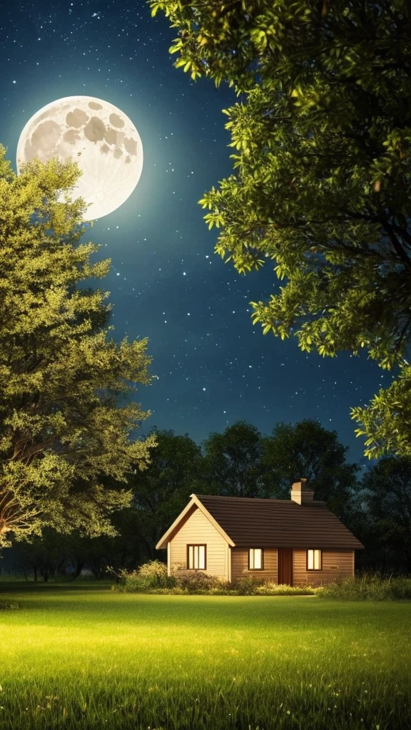 a wallpaper, a view of the night sky, with a large full moon, on a grass plain, near a cottage with an apple tree next to it