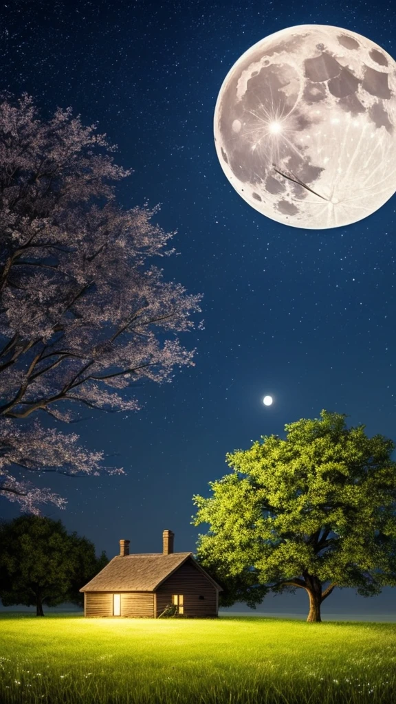 a wallpaper, a view of the night sky, with a large full moon, on a grass plain, near a cottage with an apple tree next to it