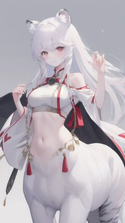 (best quality, masterpiece), 1 girl, centaur, It takes, White skin, Korean , black pink,Smiling, exposing the abdomen, , 아름다운 소녀 perfect white tiger photo, perfect white tiger photo