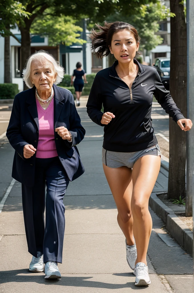 The young woman running towards the elderly lady, with a concerned expression on her face