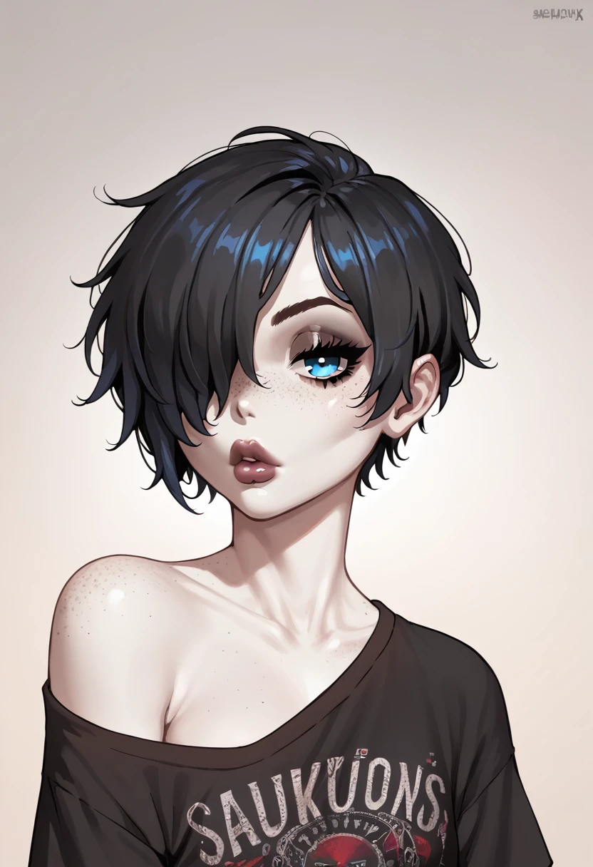 Face-off, short hair emo, expressive eyes, sexy lips, beautiful face, woman, bangs cover one eye, black hair, pale skin, blue eyes, freckless, hd