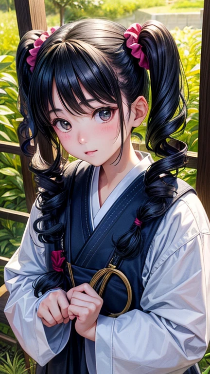 (Highest quality,masterpiece:1.3,Ultra-high resolution),(Very detailedな、Caustics) (Realistic:1.4, RAW shooting、)Ultra-Realistic Capture、Very detailed、Natural skin texture、masterpiece、(Random outfit:1.3)、1 Japanese girl、Adorable expression、Expressions of happiness、、Young Face、Surprisingly cute、Twin tails、Curly Hair、Black Hair、Scrunchie、light makeup、The Great Depression is about to burst、Middle school students'Favorite pose、Photo taken in a private garden、Shining thighs、Summer sunshine、smile、An inviting gaze、