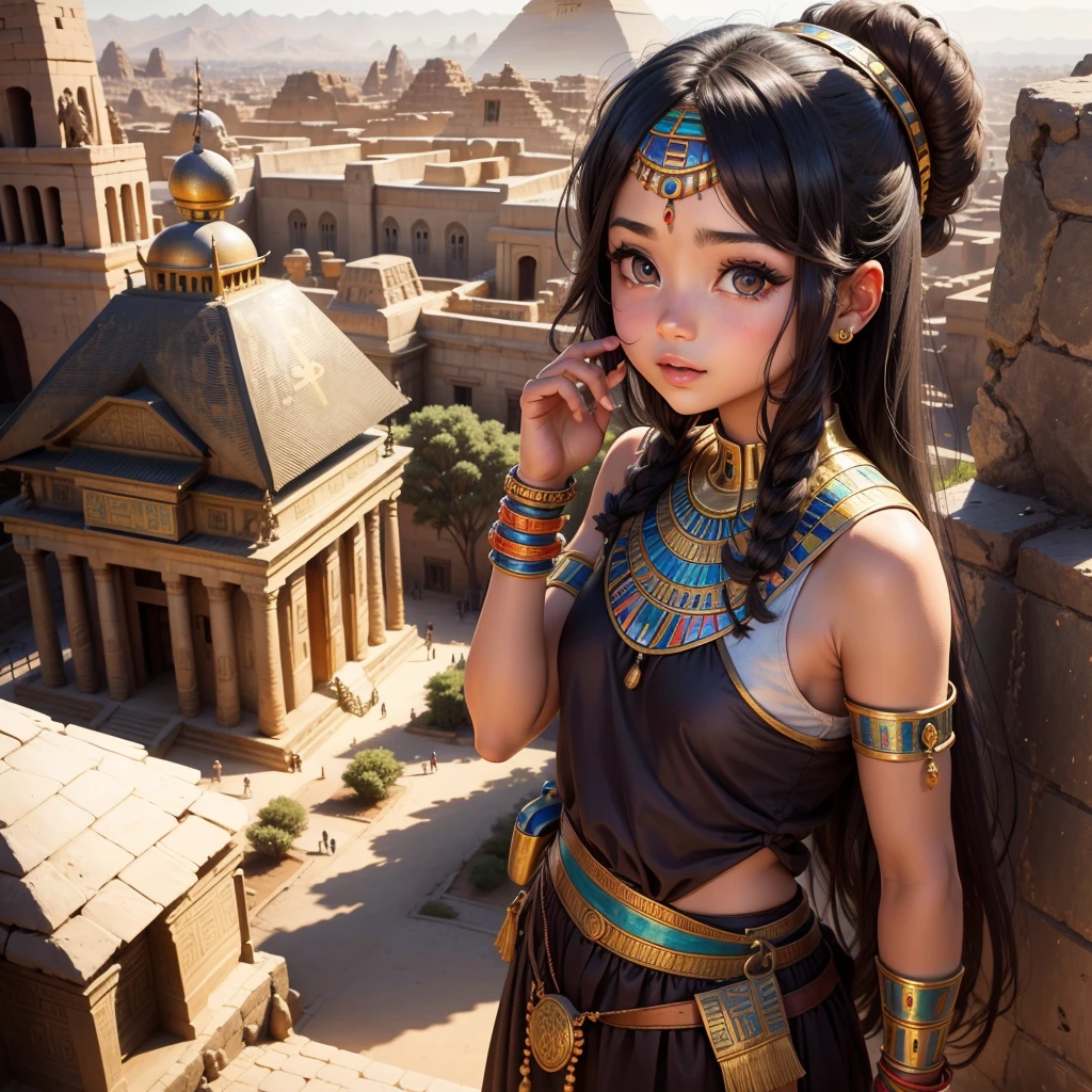 Cute Ancient Egyptian Girl、A hill overlooking the colorful temples of ancient Egypt、A colorful view of the whole city