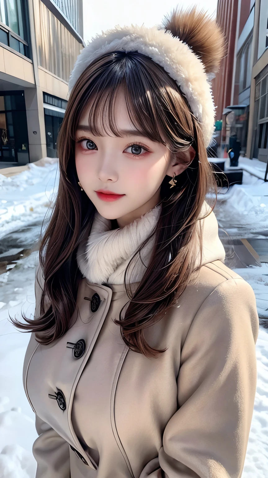 1 girl, bare_tree, brown_eyes, brown_hair, building, coat, cross_earrings, earrings, fur, fur trimmed_coat, fur_collar, fur_scarf, fur_trim, jewelry, lips, shorthair, looking_at_viewer, outdoors, snow, snow, solo, tree, upper_body, Winter, winter_clothes, detailed_eyes,Big breasts, arms close together, Chest facing camera, Big, Ears out, Golden ratio face, Golden ratio body, Best quality, Ultra high definition, Bangs