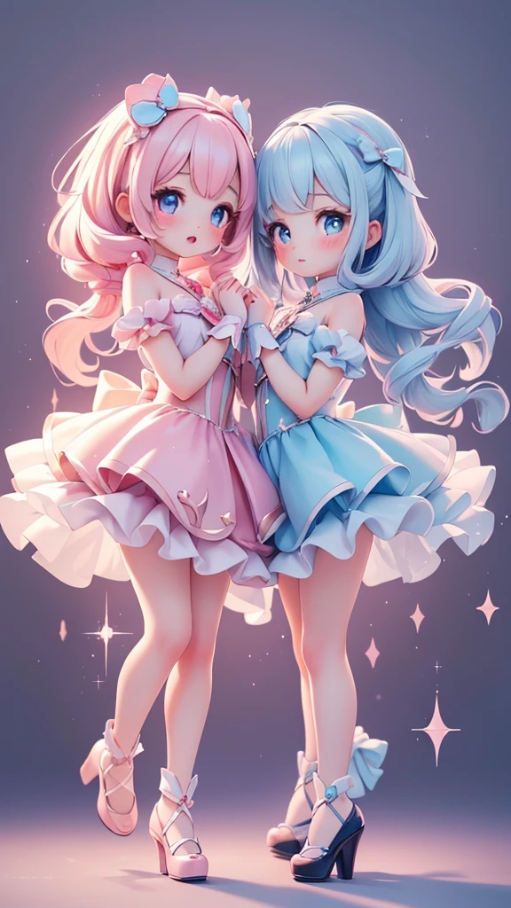 ((petite bishojo, little 2girls)), ((cute face)), ((sparkling eyes)), ((masterpiece)), ((best quality)), ((ultra detailed)), ((exquisite)), ((depth)), ((crisp)), ((8k)), ((beautiful and aesthetic)), ((super detailed skin)), ((high standard)), ((highres)), ((perfect anatomy)), (full body), (blush), (lipstick), (magical girl), (kawaii pose), (white, blue, black)