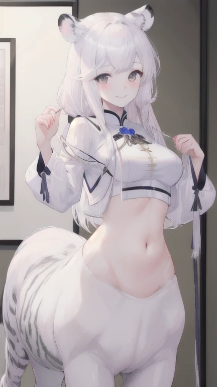 (best quality, masterpiece), 1 girl, centaur, It takes, White skin, Korean , black pink,Smiling, exposing the abdomen,  , 아름다운 소녀 perfect white tiger photo, perfect white tiger photo